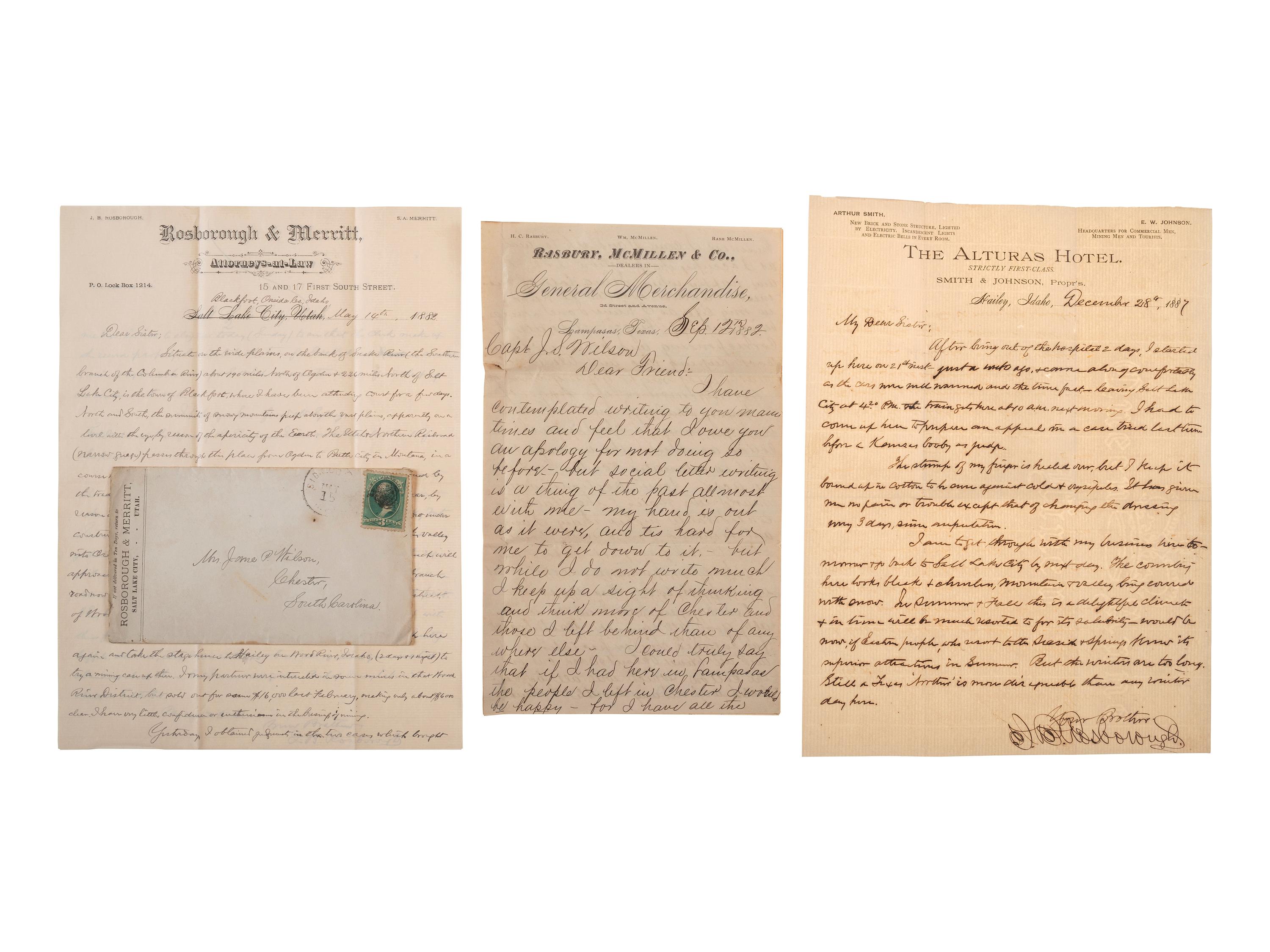 [WESTERN AMERICANA]. The Rosborough family archive, including letters relating to the California Gold Rush, the Modoc War, the Klondike Gold Rush, and early settlement and mining operations in Idaho Territory, Utah Territory, Nevada, and Texas.