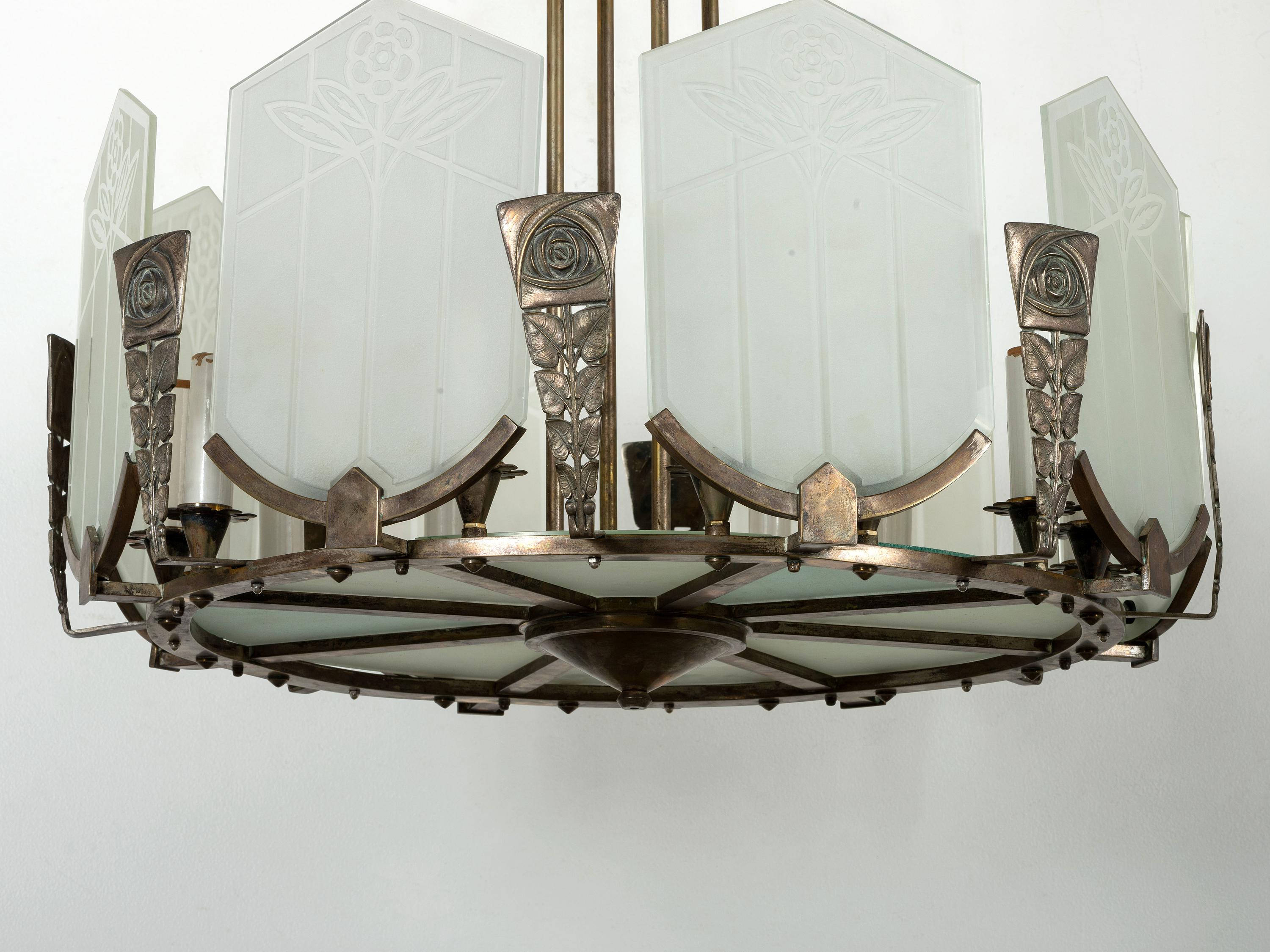 An Art Deco Glass and Nickel-Plated Bronze Chandelier