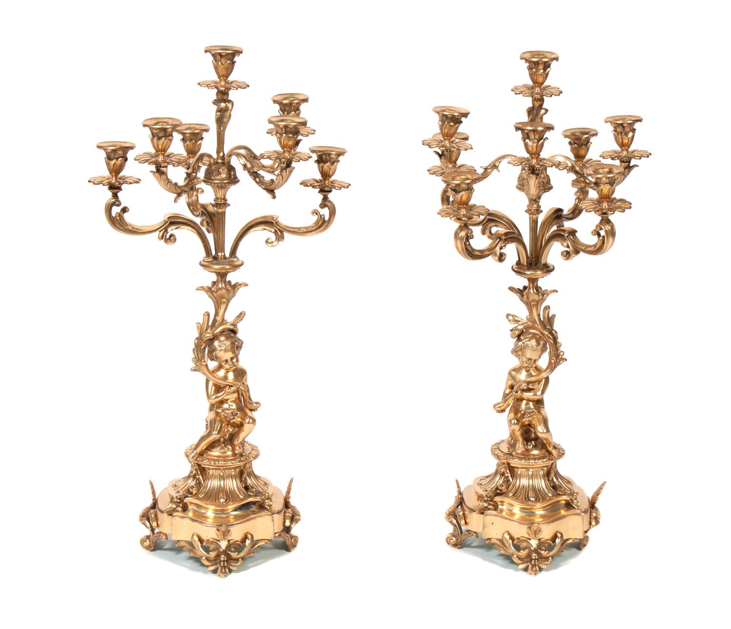 A Pair of Gilt Bronze Figural Seven-Light Candelabra Height 27 1/2 inches. — 20TH CENTURY
