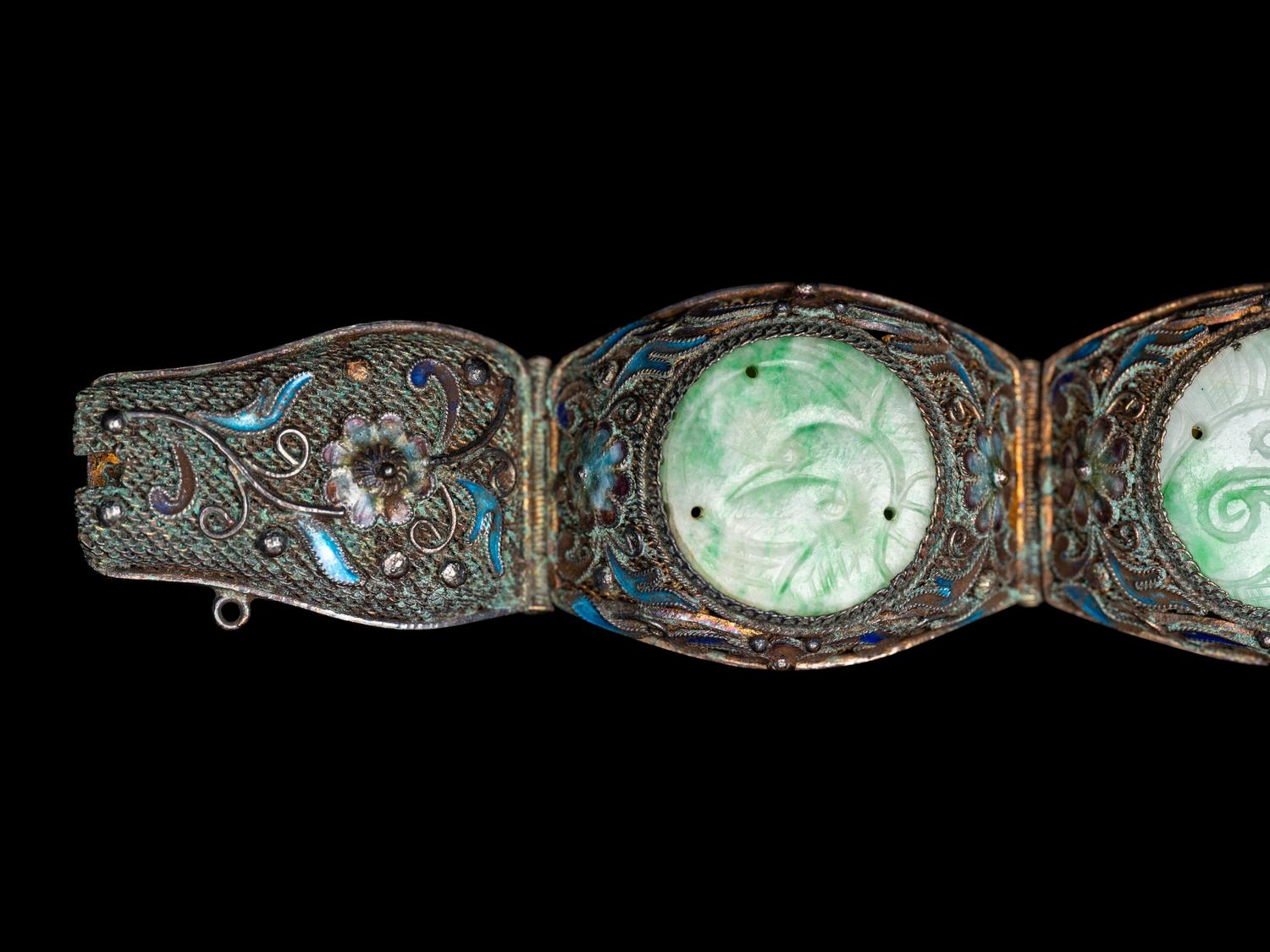 A Pair of Chinese Jadeite Inset Enameled Filigree Bracelets