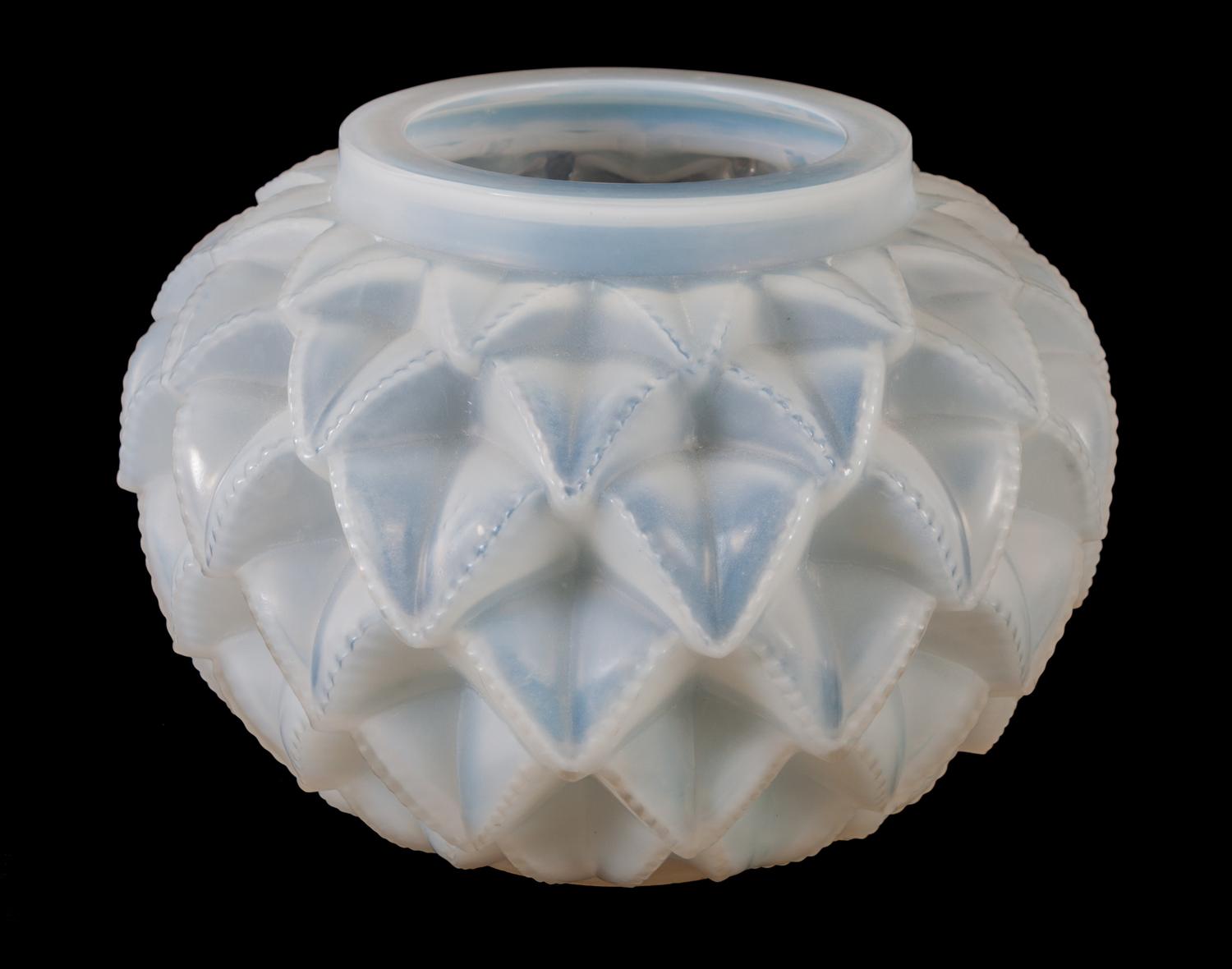 A Rene Lalique Opalescent Glass Languedoc Vase Height 9 x diameter 12 inches.