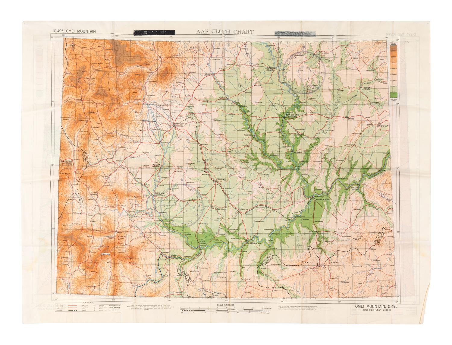 [ARMY AIR FORCE]. A group of World War II escape charts, all printed in Washington, D. C. on synthetic silk cloth, comprising: