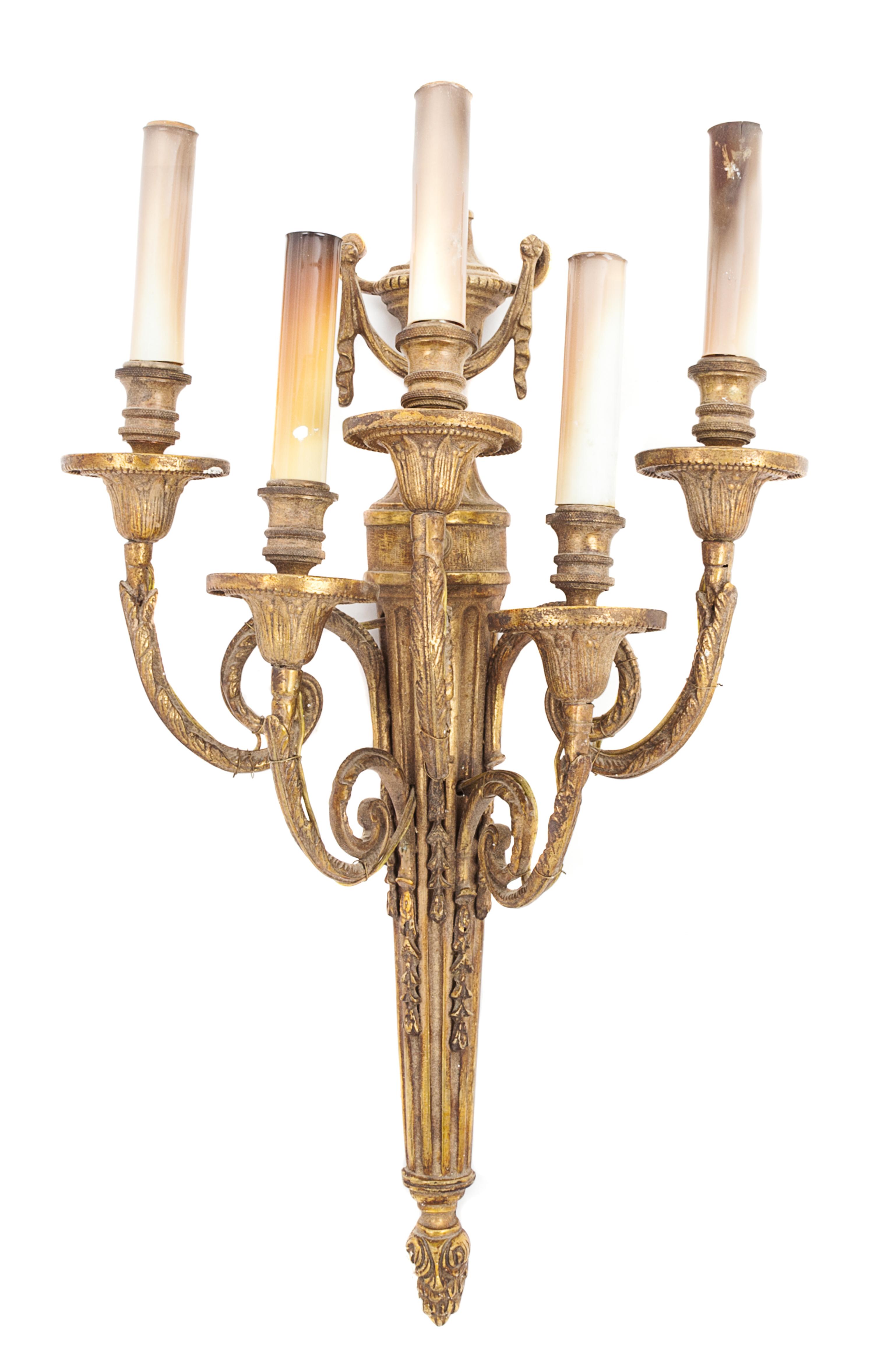 A Louis XVI Style Gilt Metal Five-Light Sconce Height 20 inches.