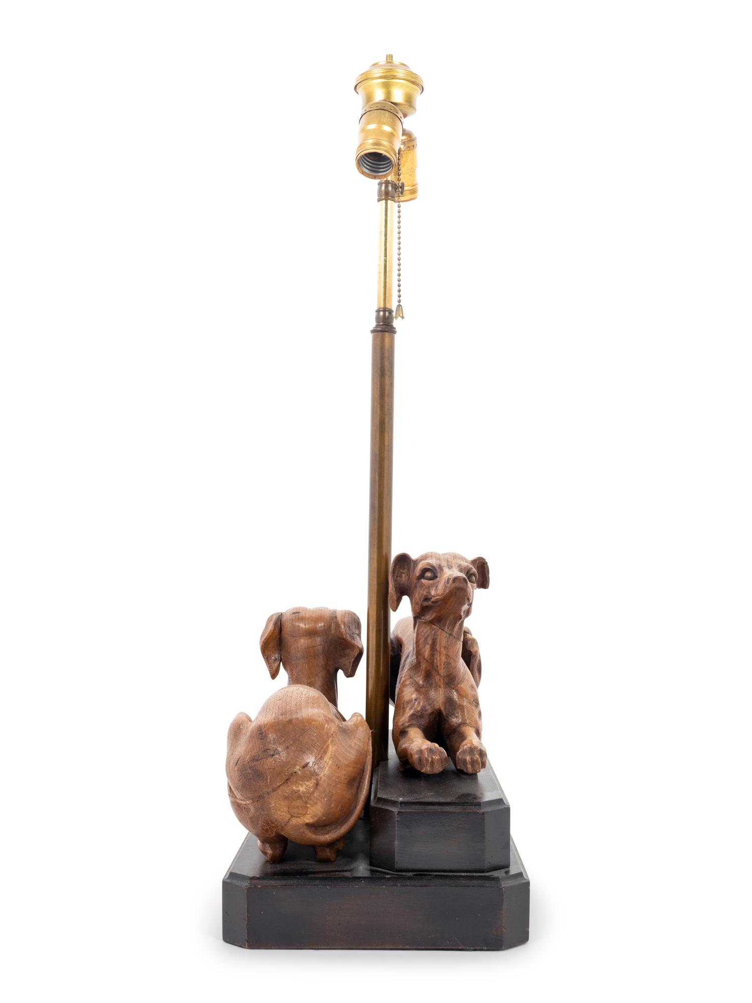 A Carved Wood Greyhound Group Mounted as a Table Lamp
