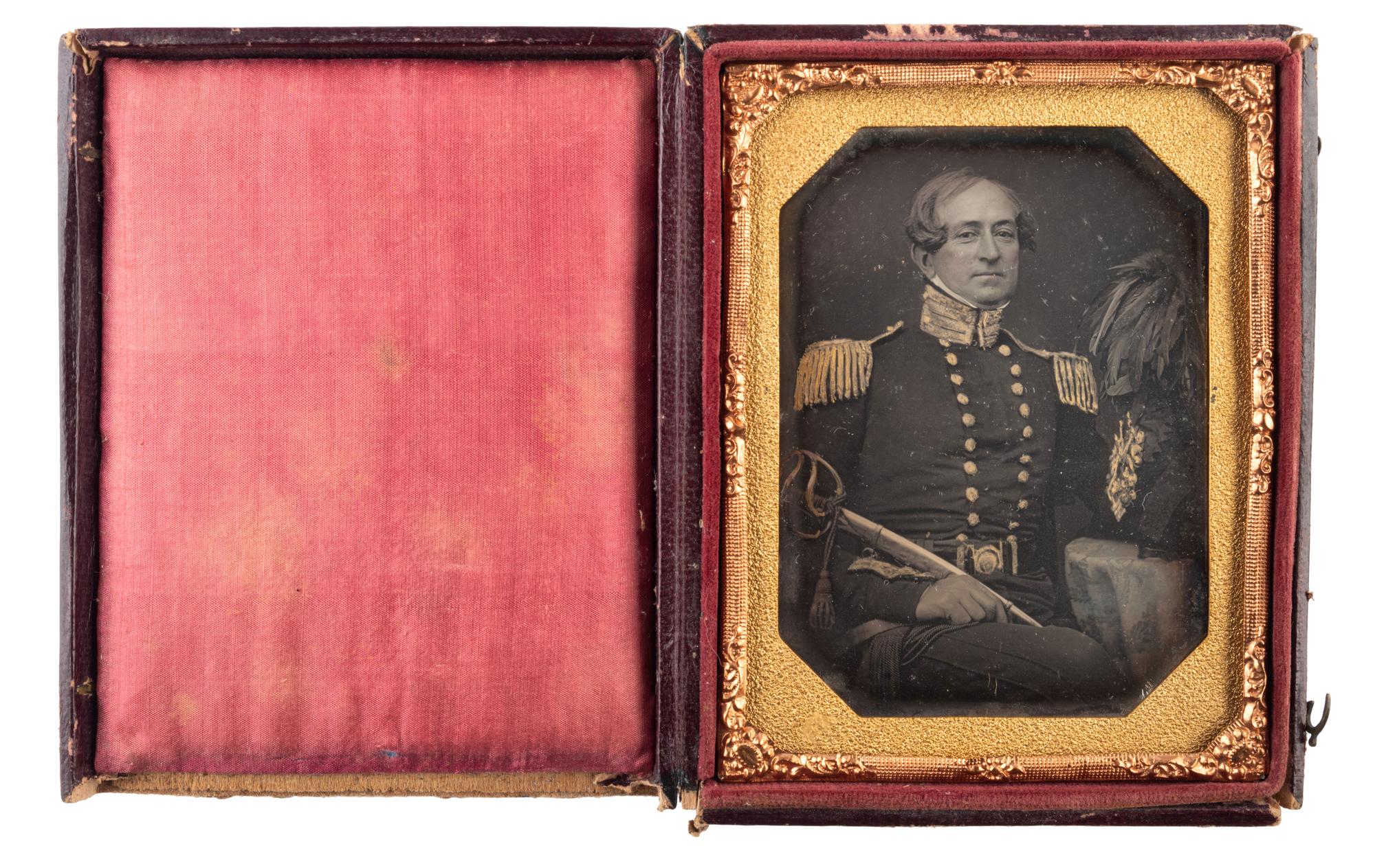 [EARLY PHOTOGRAPHY] -- [MILITARIA]. Quarter plate daguerreotype of armed English officer.