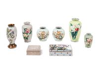 Eight Japanese Cream Ground Cloissoné Enamel Vessels