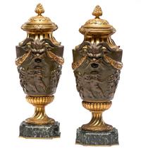 A Pair of Neoclassical Gilt and Patinated Bronze Urns