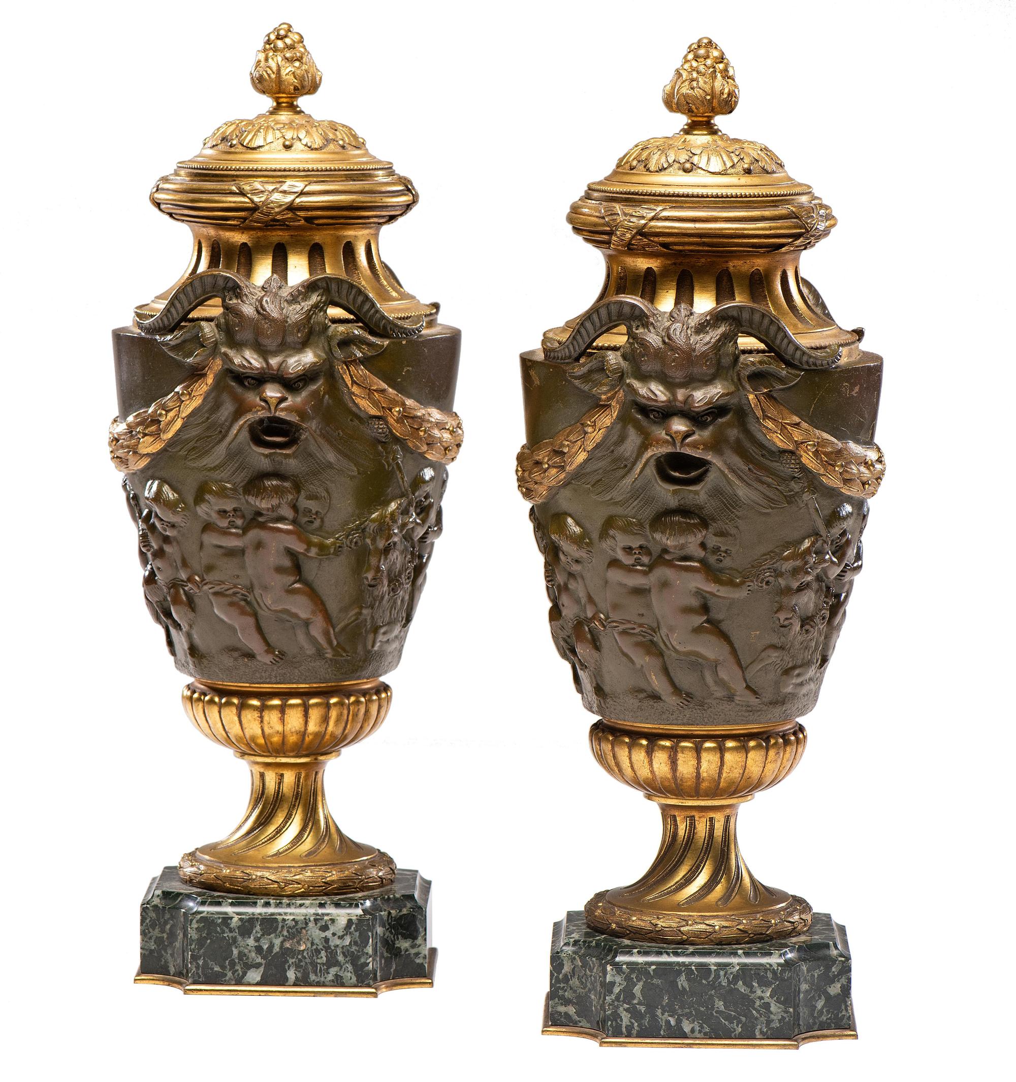 A Pair of Neoclassical Gilt and Patinated Bronze Urns