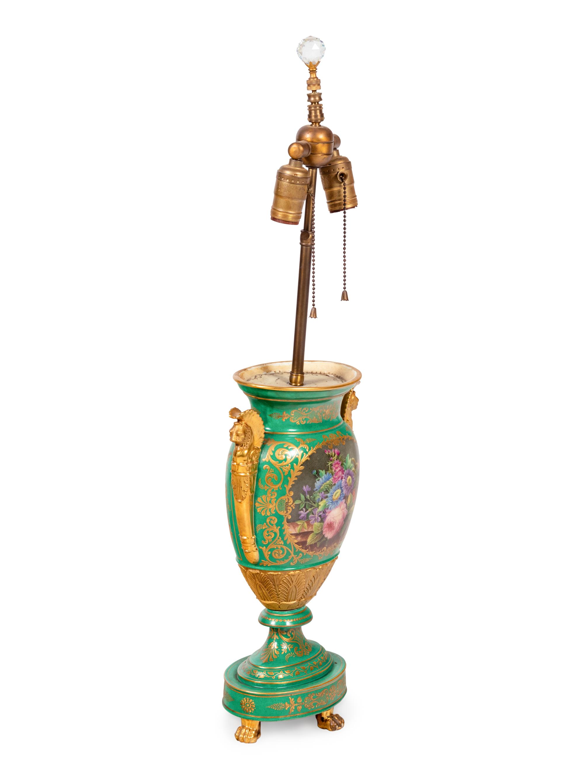A Paris Porcelain Green Painted and Parcel Gilt Urn Mounted as a Lamp