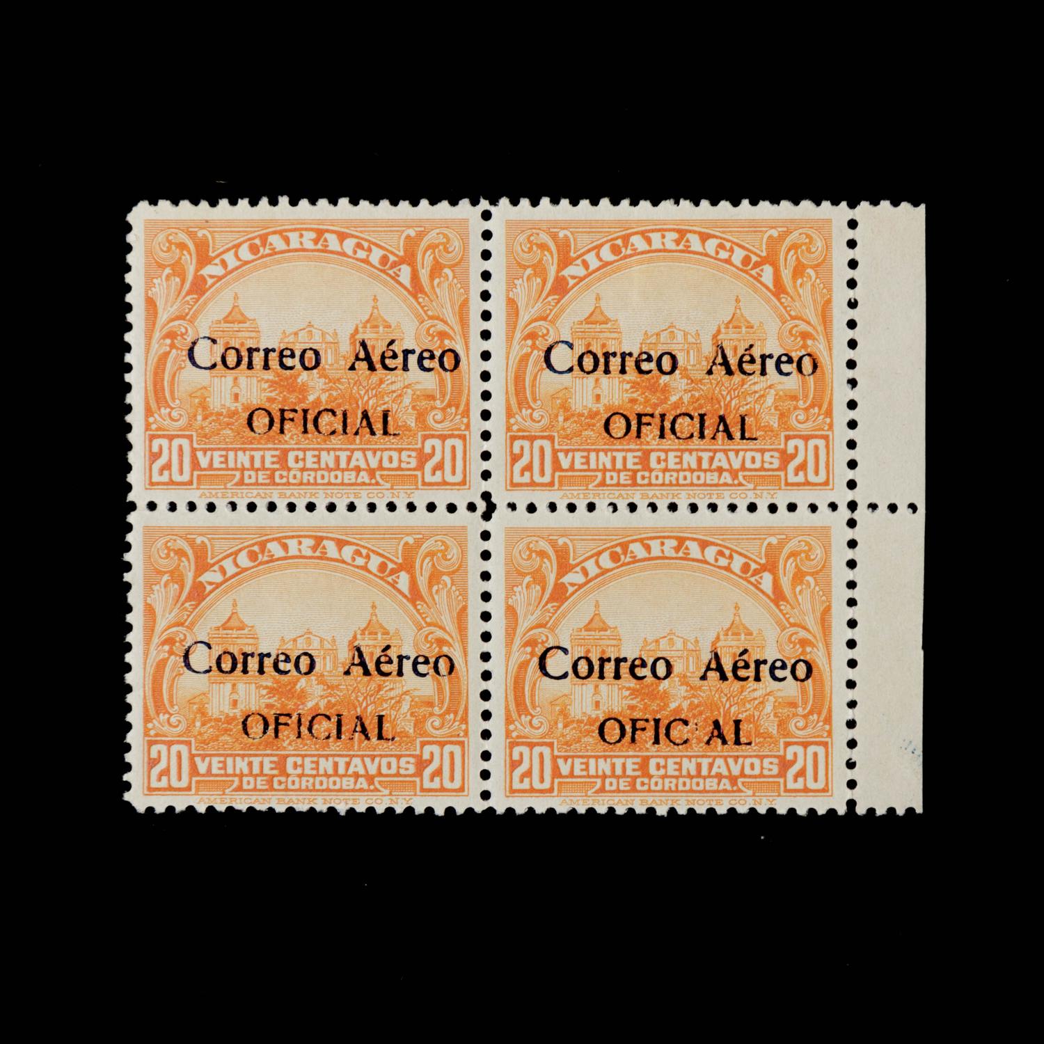 {PHILAETLY} [SURCHARGE ERROR] NICARAGUA. Airmail. 1932. 20c. Orange (#CO5 & CO5VAR), Right Margin Block of Four, Position 4 Error Second 'i' in 'Oficial' Mostly Missing