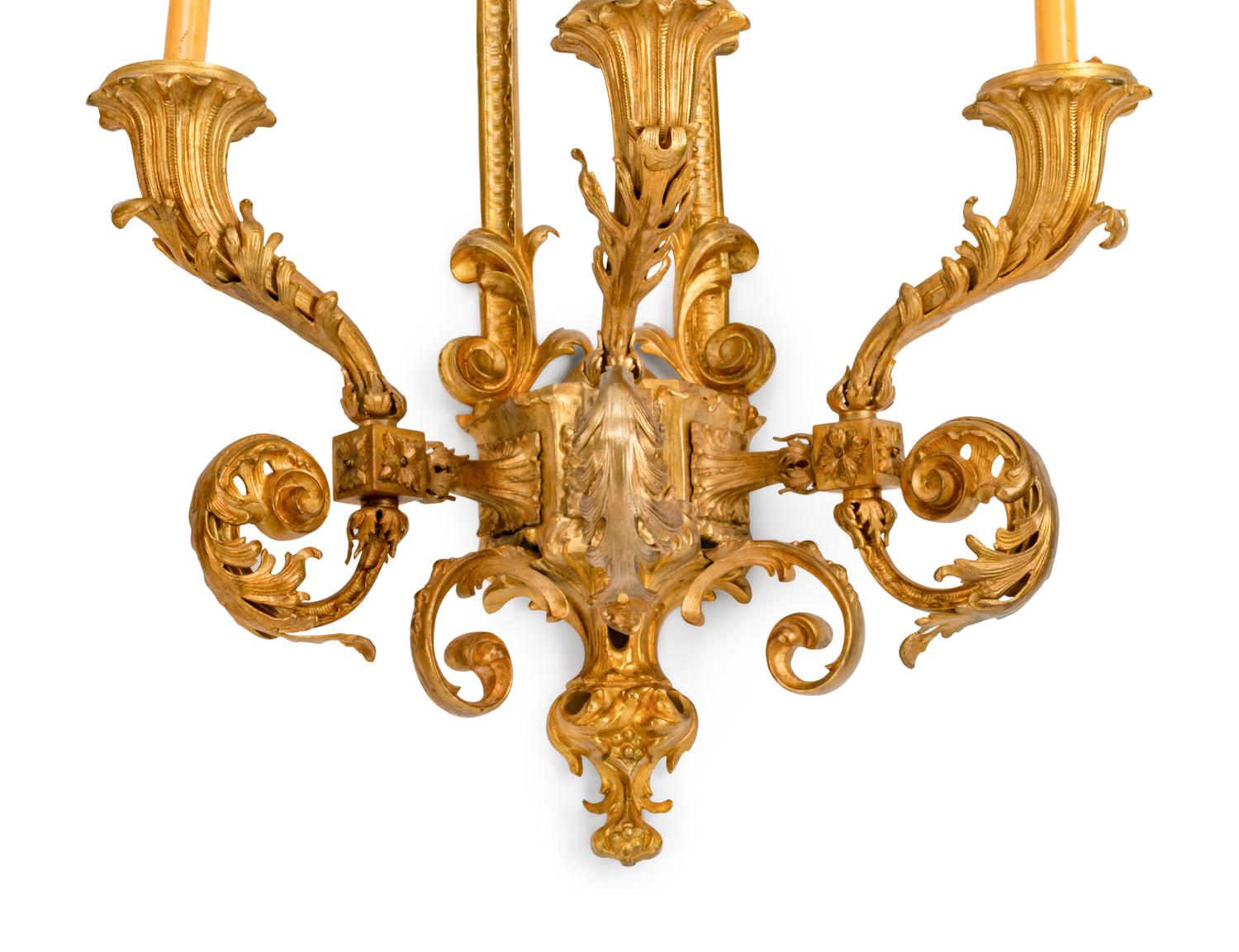 A Pair of Louis XV Style Blue and White Jasperware-Mounted Gilt-Bronze Three-Light Sconces — 19TH CENTURY