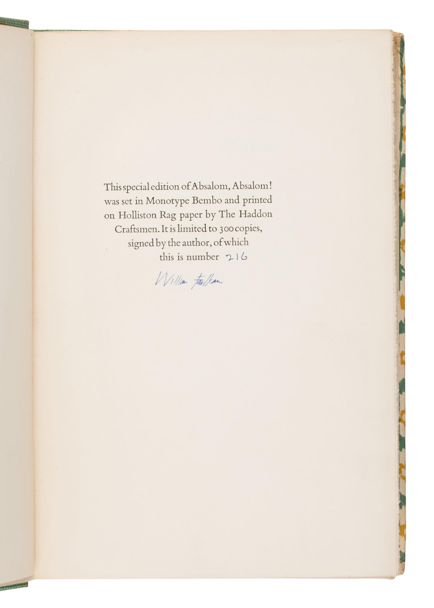 Faulkner, William (1897-1962). Absalom, Absalom! New York: Random House, 1936.