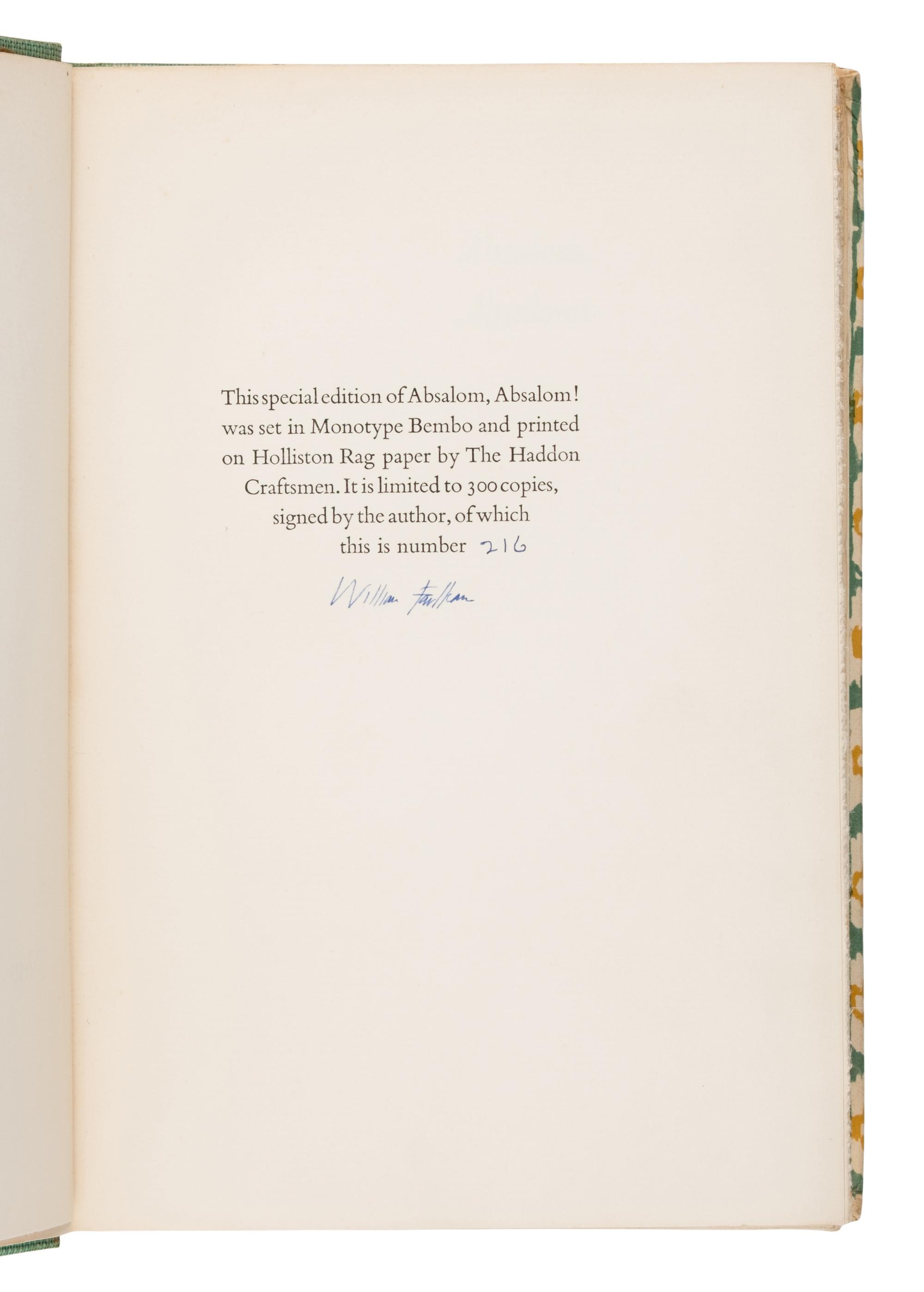 Faulkner, William (1897-1962). Absalom, Absalom! New York: Random House, 1936.