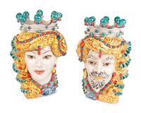 A Pair of Verus Maiolica Moor Head Vases — CALTAGIRONE, SICILY, 20TH CENTURY
