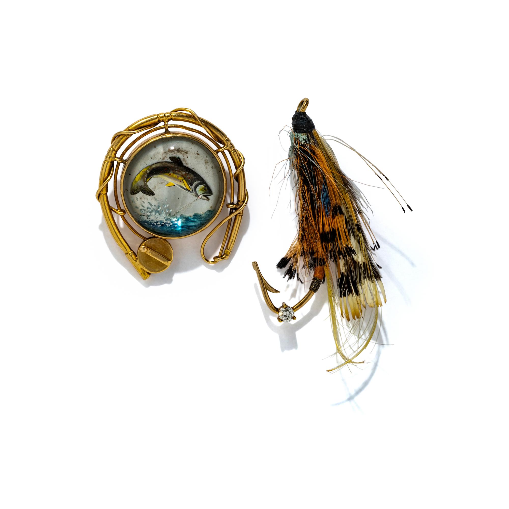 COLLECTION OF YELLOW GOLD FISHING MOTIF BROOCHES