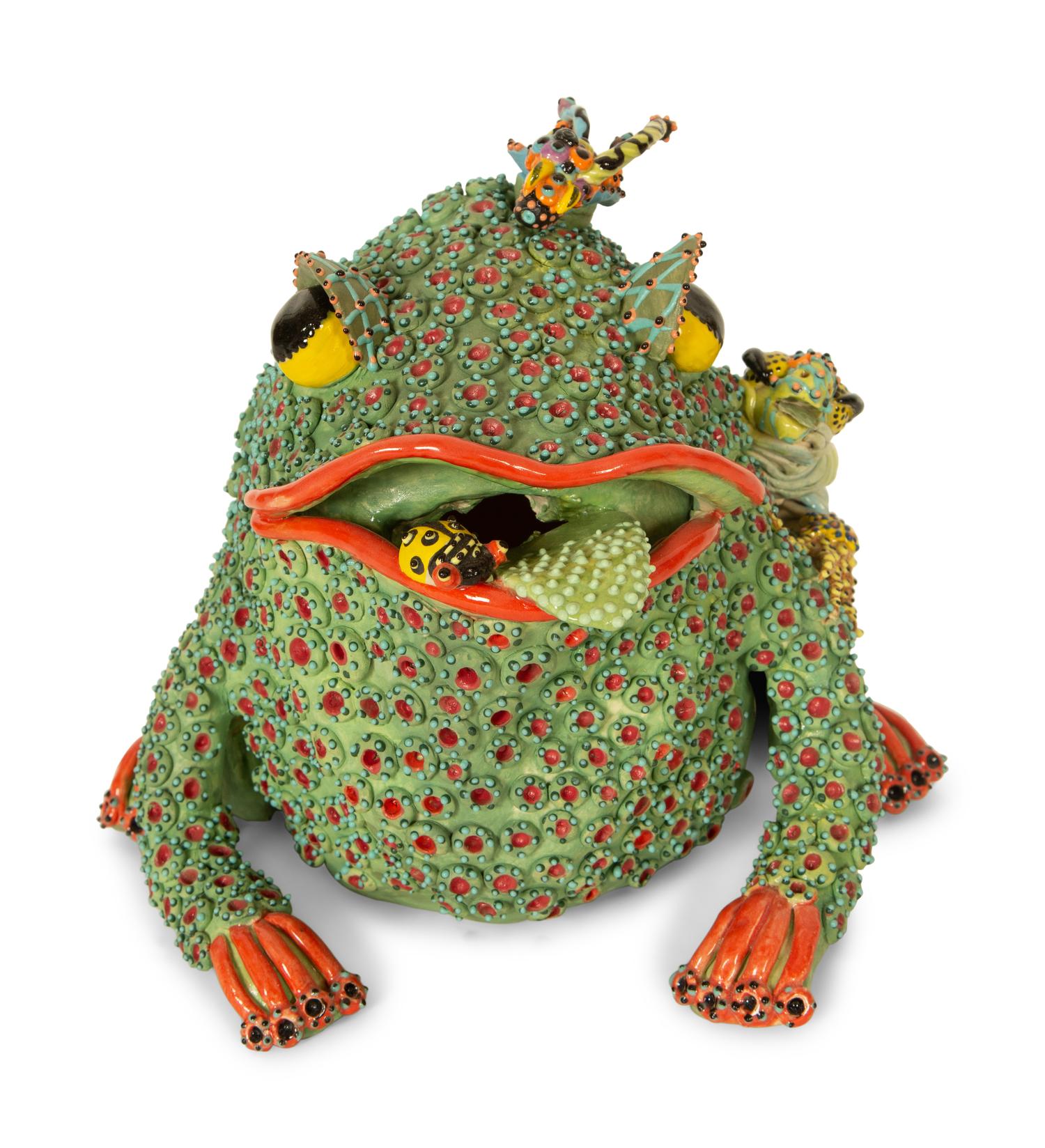 A Whimsical Painted and Glazed Ceramic Frog Pitcher