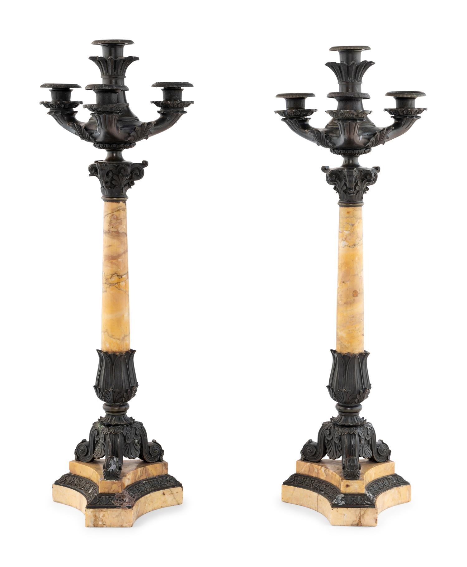 A Pair of French Marble and Patinated Bronze Candelabra