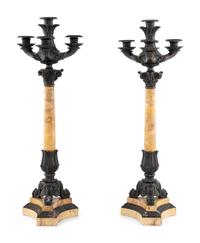 A Pair of French Marble and Patinated Bronze Candelabra