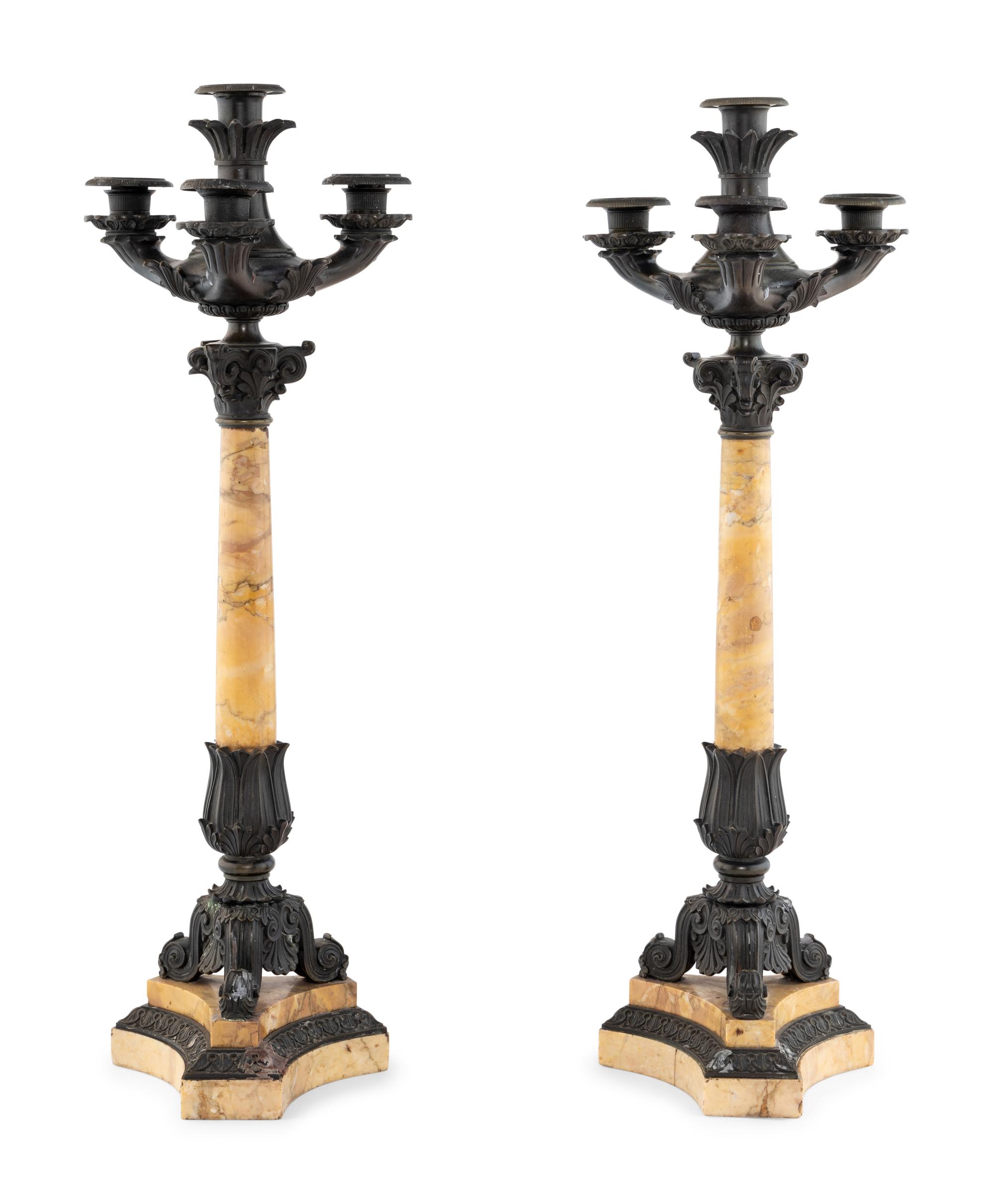 A Pair of French Marble and Patinated Bronze Candelabra
