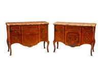 A Pair of Louis XV/XVI Transitional Style Gilt Bronze Mounted Marquetry Marble-Top Commodes