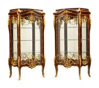 A Pair of Louis XV Style Gilt Bronze Mounted Vitrine Cabinets