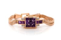 14K ROSE GOLD, AMETHYST AND DIAMOND SURPRISE WRISTWATCH