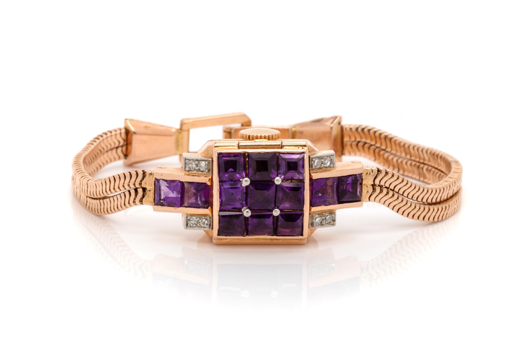 14K ROSE GOLD, AMETHYST AND DIAMOND SURPRISE WRISTWATCH