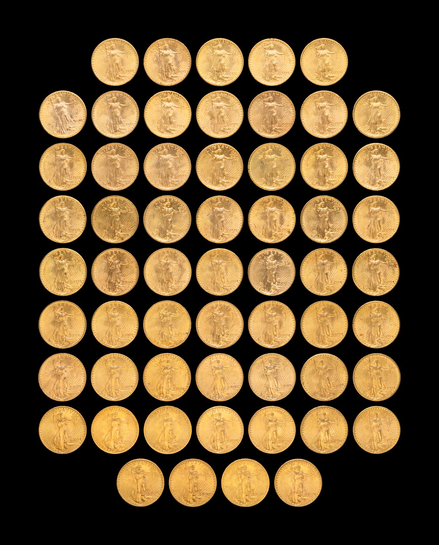 A Collection of Fifty-Eight Saint-Gaudens $20 Gold Coins