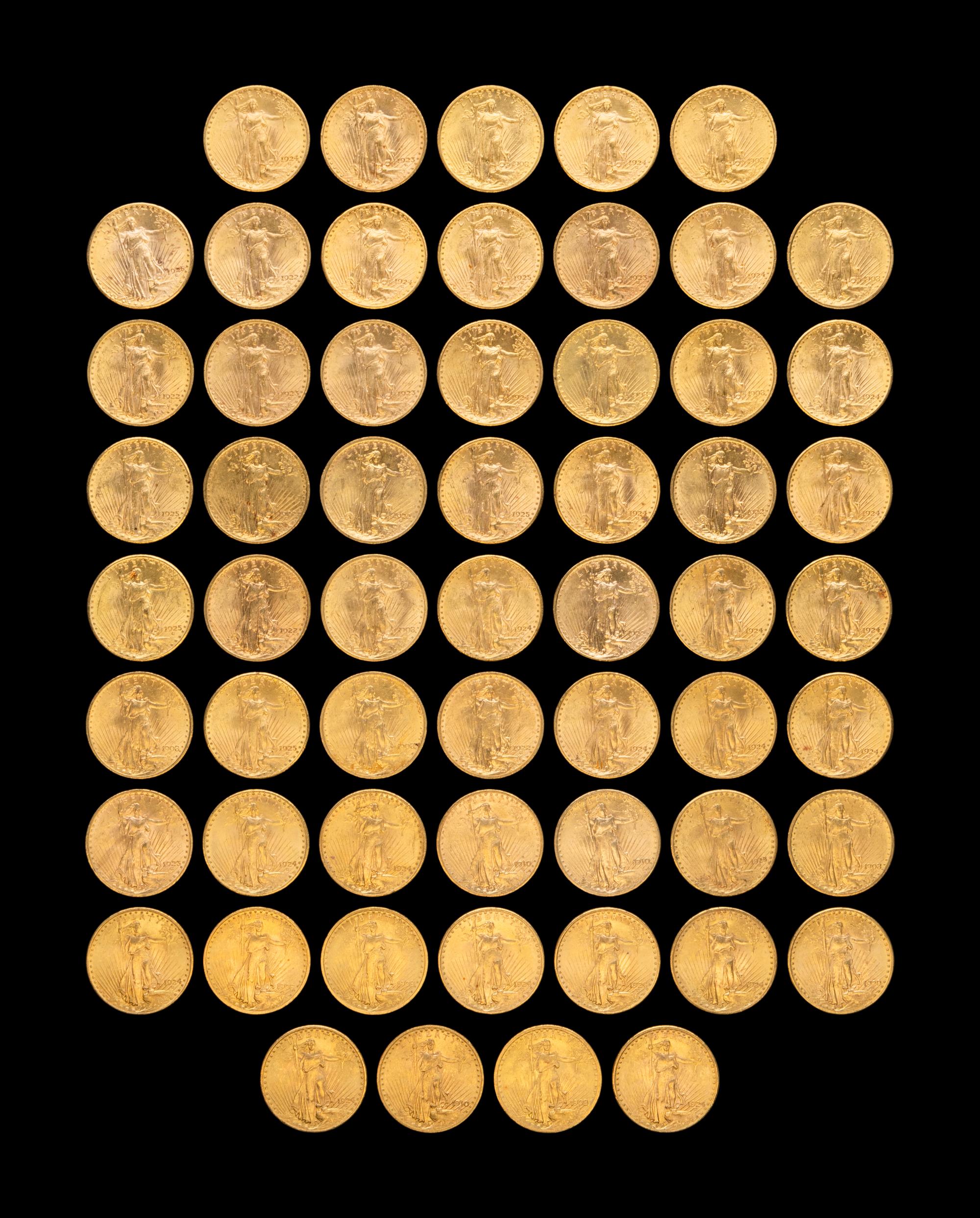 A Collection of Fifty-Eight Saint-Gaudens $20 Gold Coins