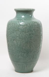 A Celadon Glazed Porcelain Floor Vase. Height 24 inches.