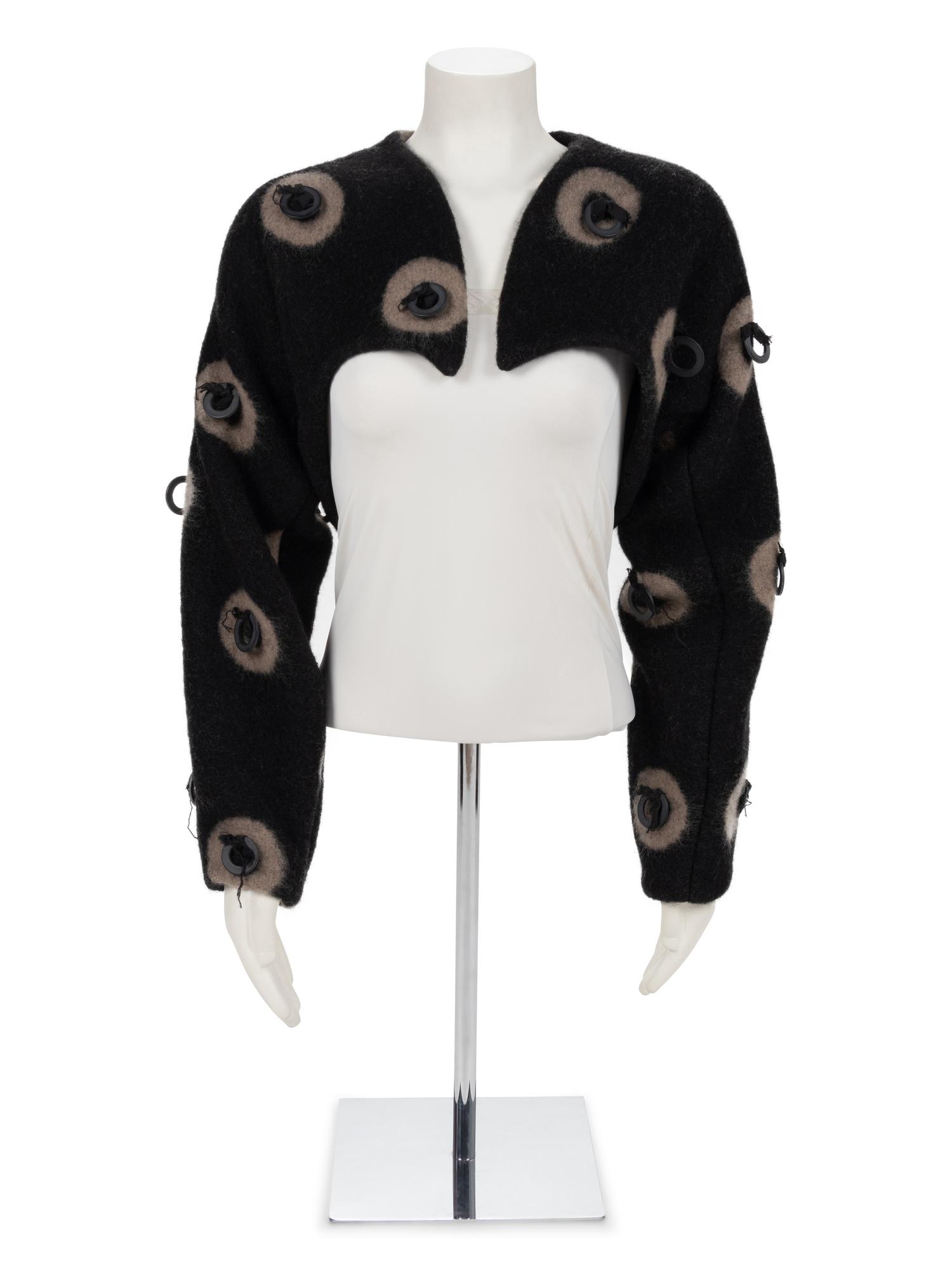 Geoffrey Beene Black and Grey Mohair Bolero with Ring Embellishment, Fall 1996