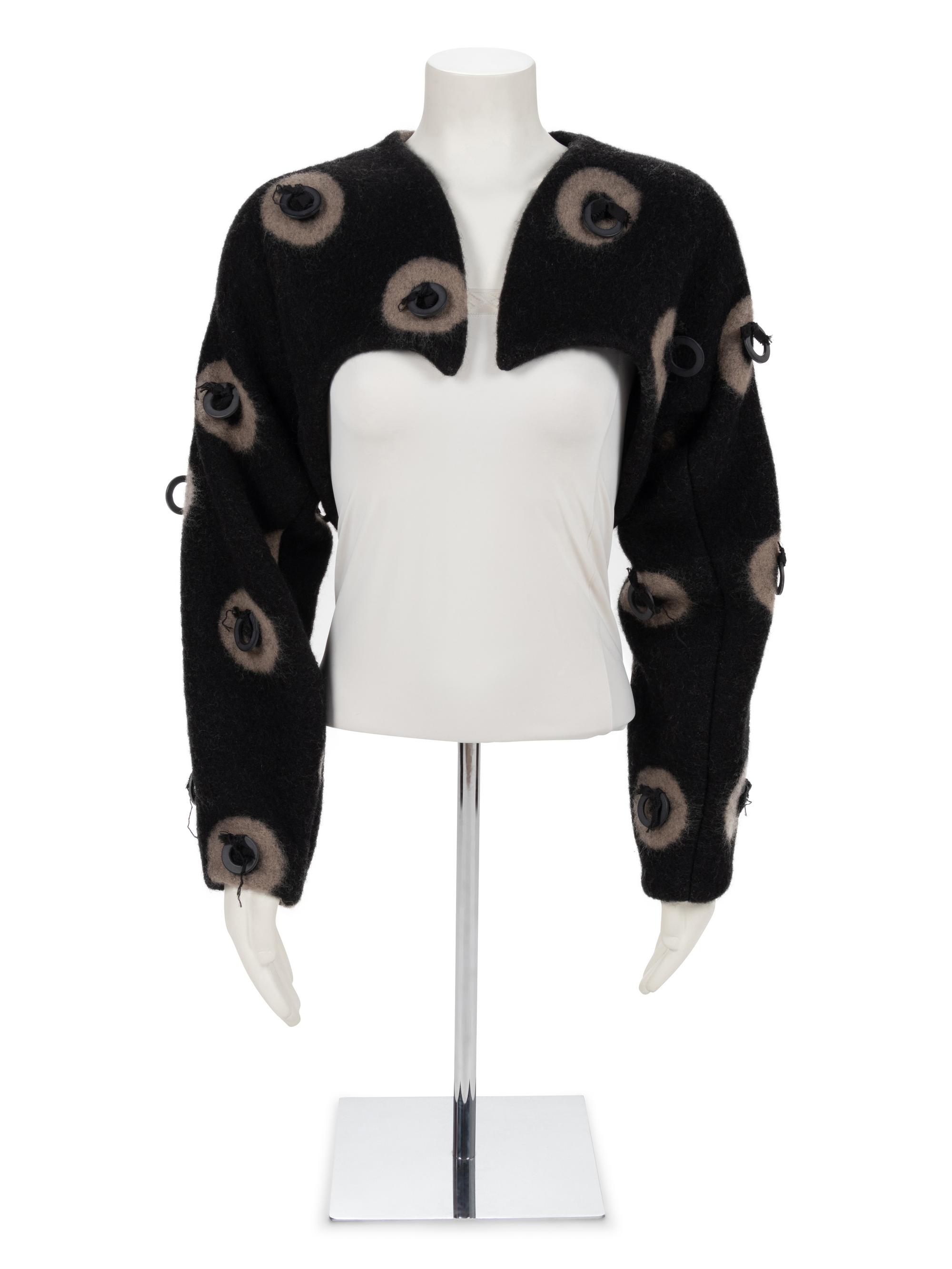Geoffrey Beene Black and Grey Mohair Bolero with Ring Embellishment, Fall 1996