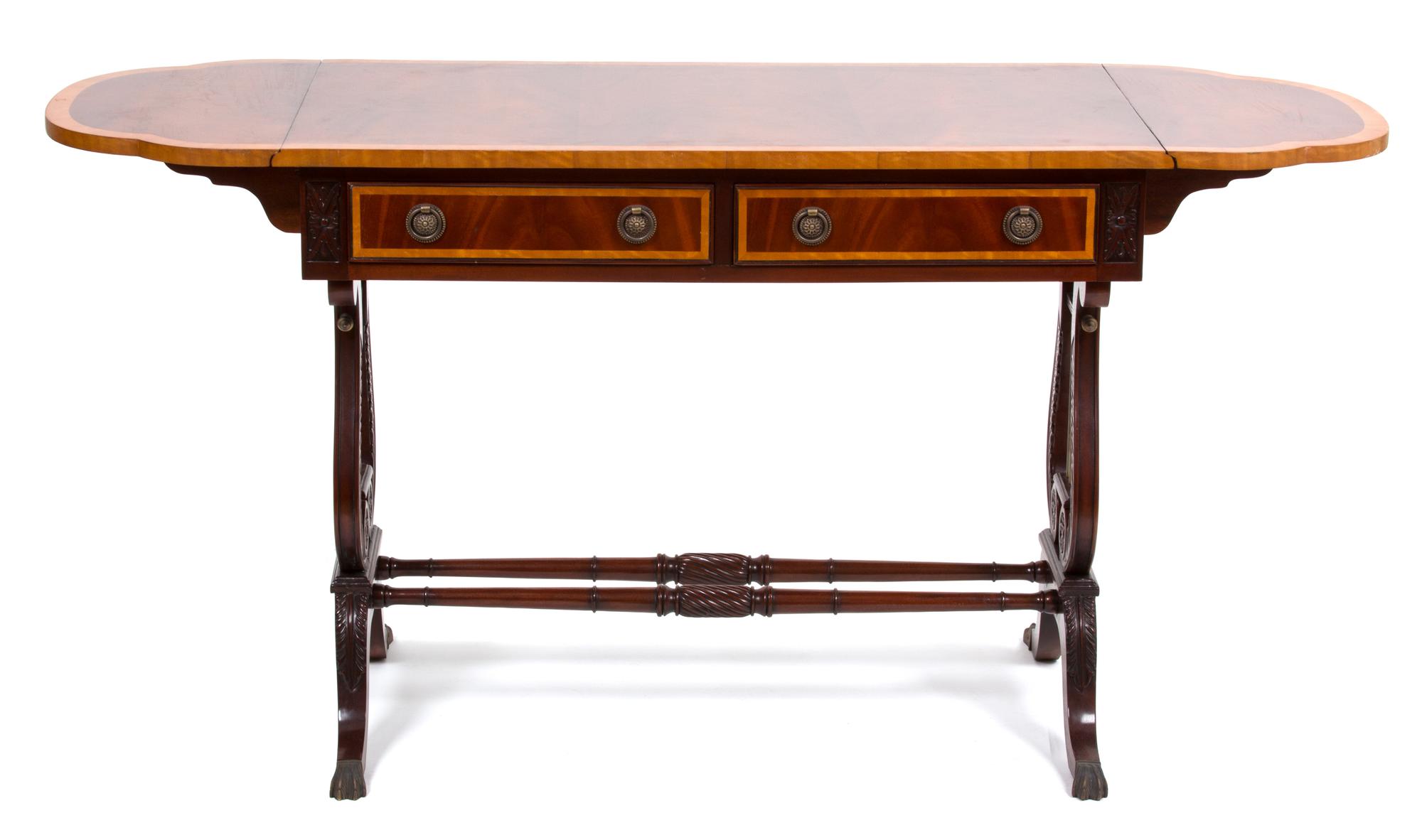 A Regency Inlaid Mahogany Lyre Base Sofa Table Height 29 x width 60 (leaves up) x depth 21 inches. — 20TH CENTURY