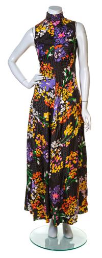 A Geoffrey Beene Black and Multicolor Floral Print Dress, No size; Ribbon: 44.25" x .75".