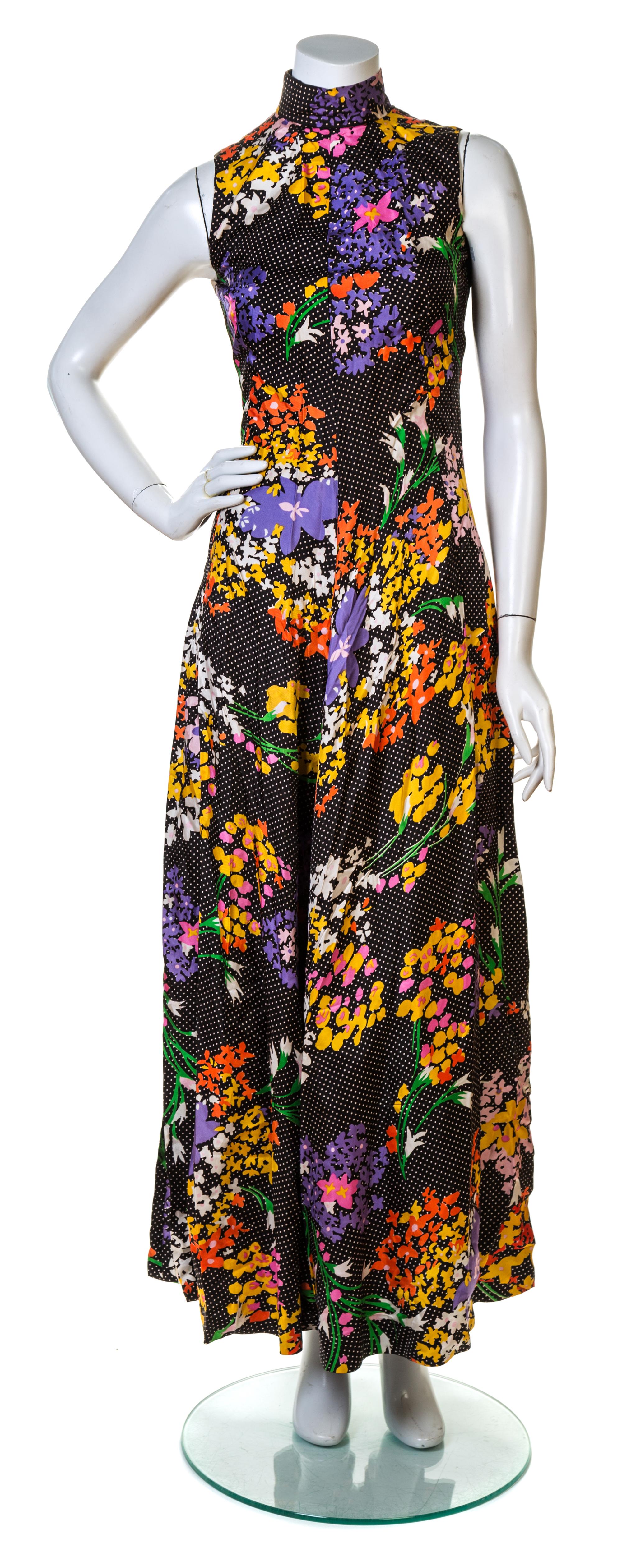 A Geoffrey Beene Black and Multicolor Floral Print Dress, No size; Ribbon: 44.25" x .75".