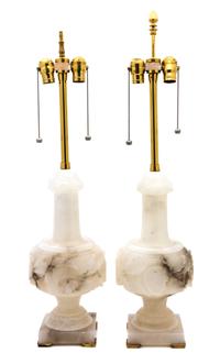 A Pair of Carved Alabaster Table Lamps Height overall 33 inches, height of alabaster 17 1/2 inches. — 20TH CENTURY