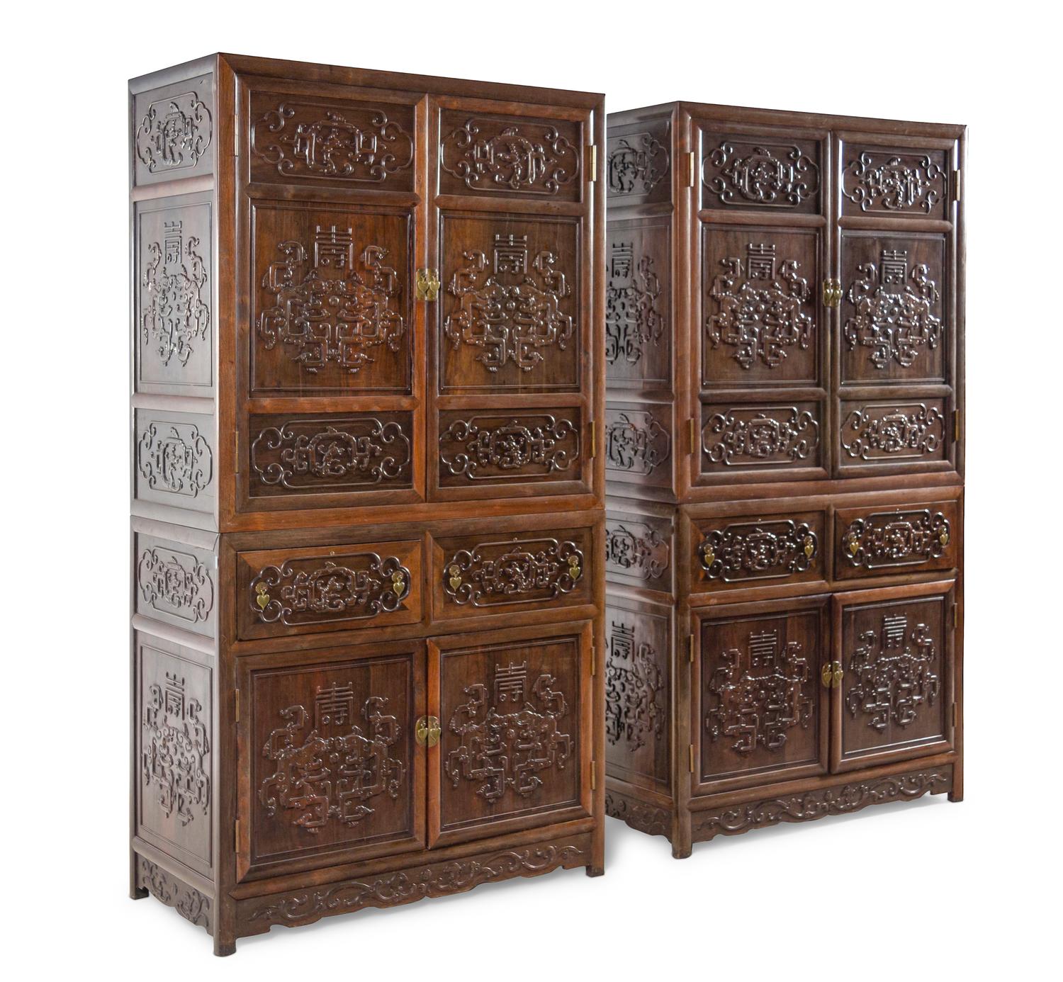 A Pair of Chinese Export Carved Hardwood Cabinets
