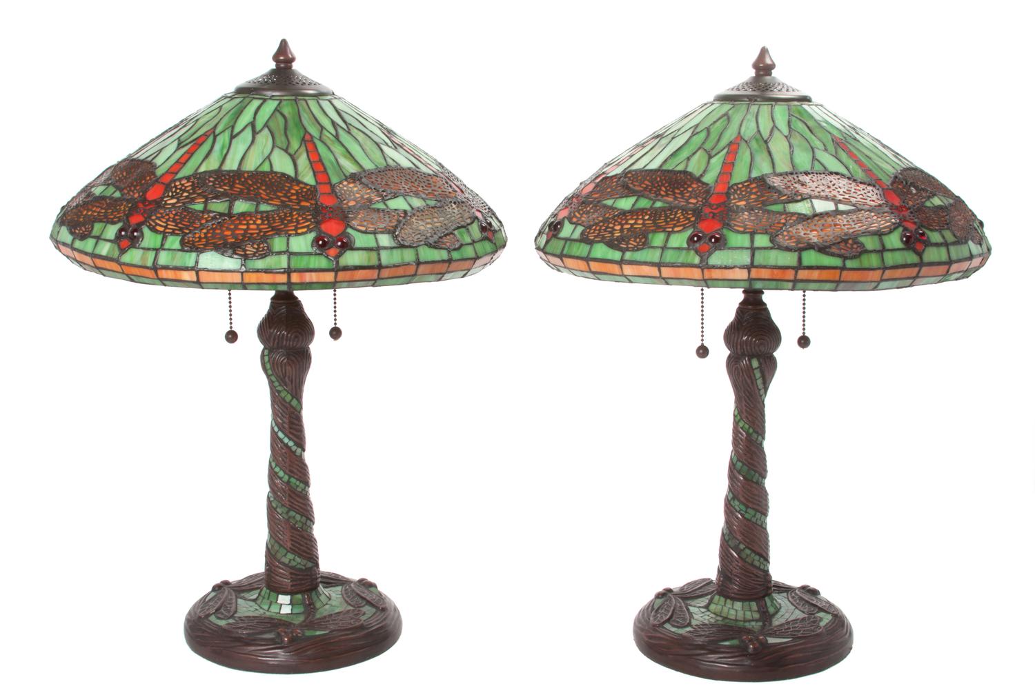 A Pair of American Leaded Glass Table Lamps Height 23 inches.