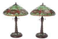 A Pair of American Leaded Glass Table Lamps Height 23 inches.