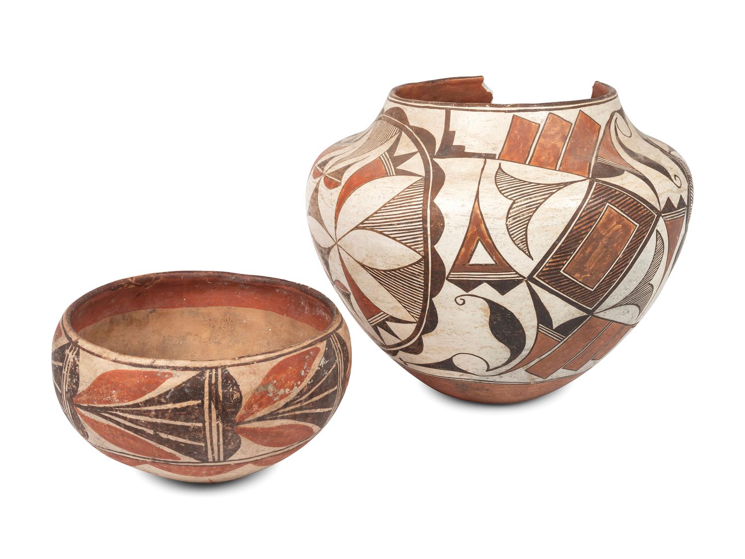 Acoma Olla and Isleta Pottery Bowl