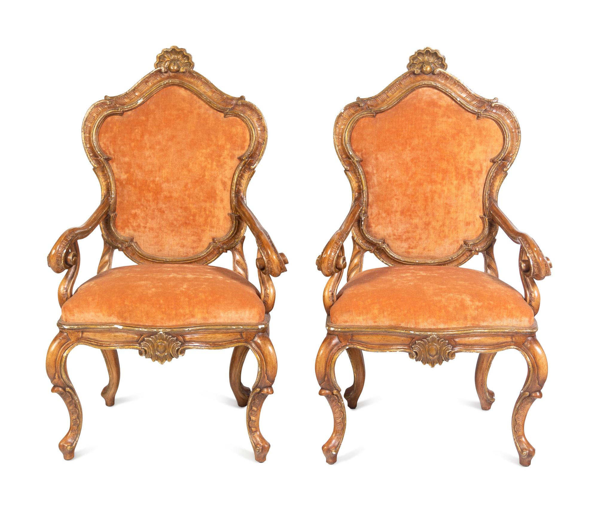A Pair of Italian Rococo Style Carved and Painted Armchairs