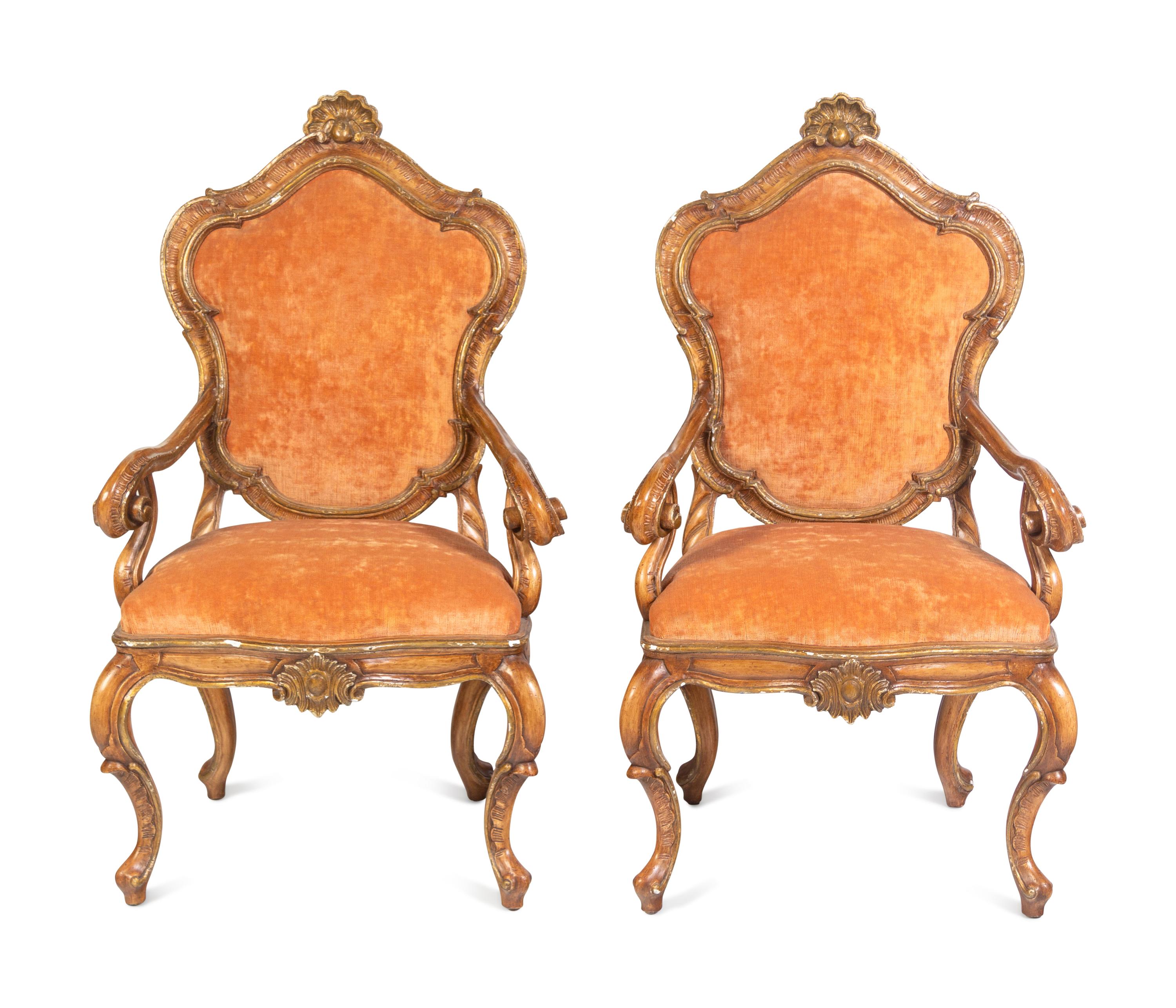 A Pair of Italian Rococo Style Carved and Painted Armchairs