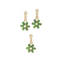 Chrome Diopside, Diamond, and Yellow Gold Flower Earrings and Pendant