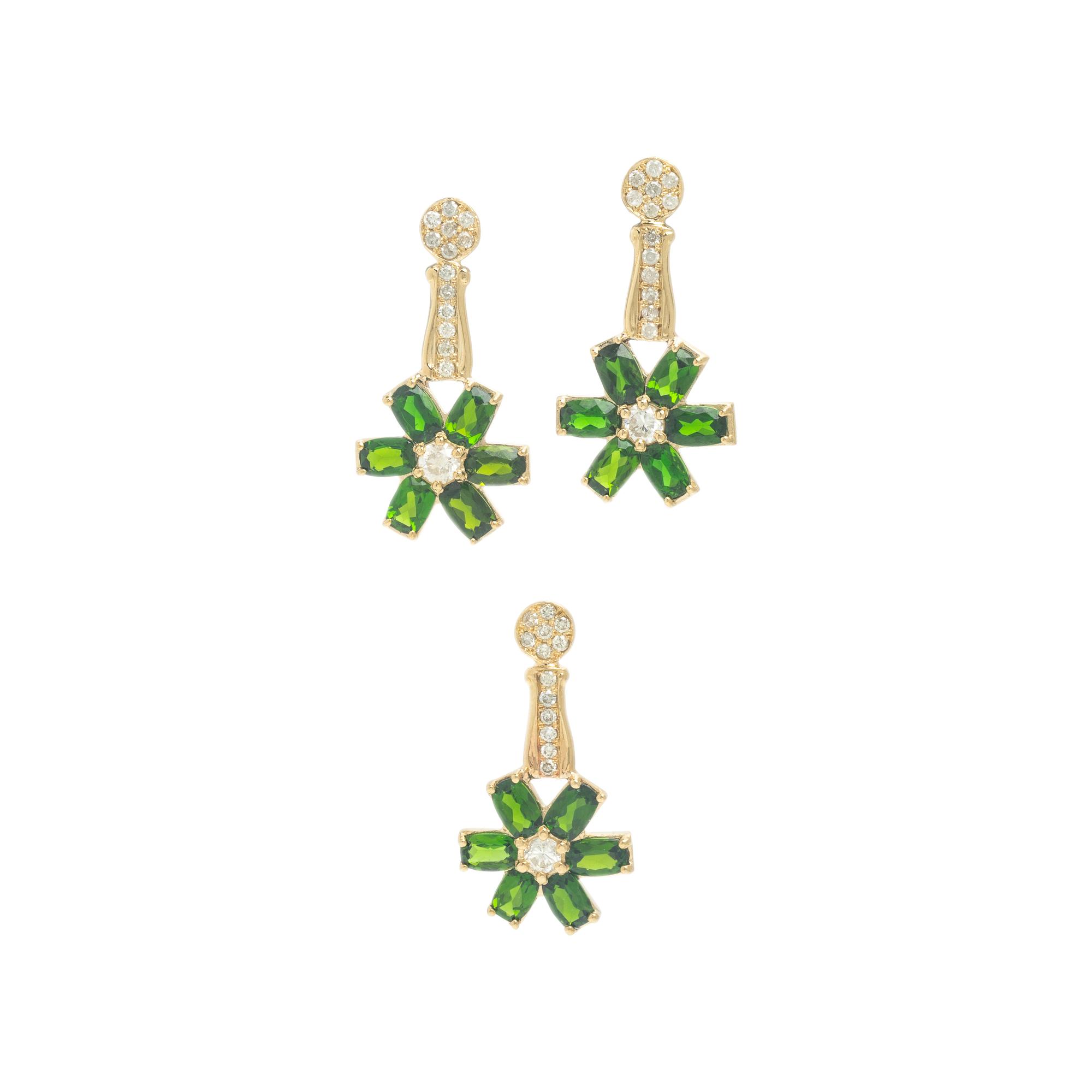 Chrome Diopside, Diamond, and Yellow Gold Flower Earrings and Pendant