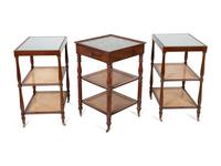 A Group of Three French Mahogany Marble Top Side Tables with Tiered Canework Shelves — EARLY 20TH CENTURY