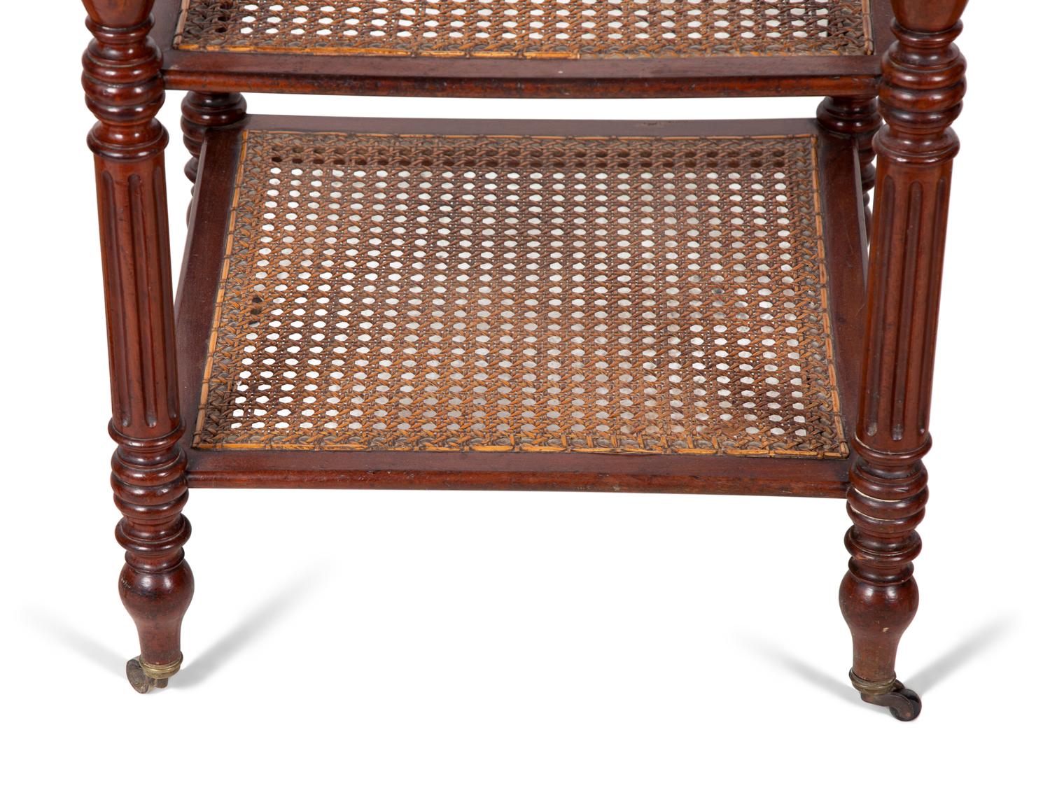 A Group of Three French Mahogany Marble Top Side Tables with Tiered Canework Shelves — EARLY 20TH CENTURY