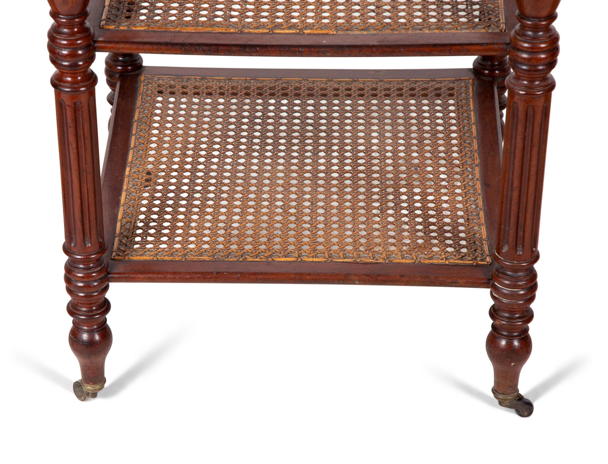 A Group of Three French Mahogany Marble Top Side Tables with Tiered Canework Shelves — EARLY 20TH CENTURY