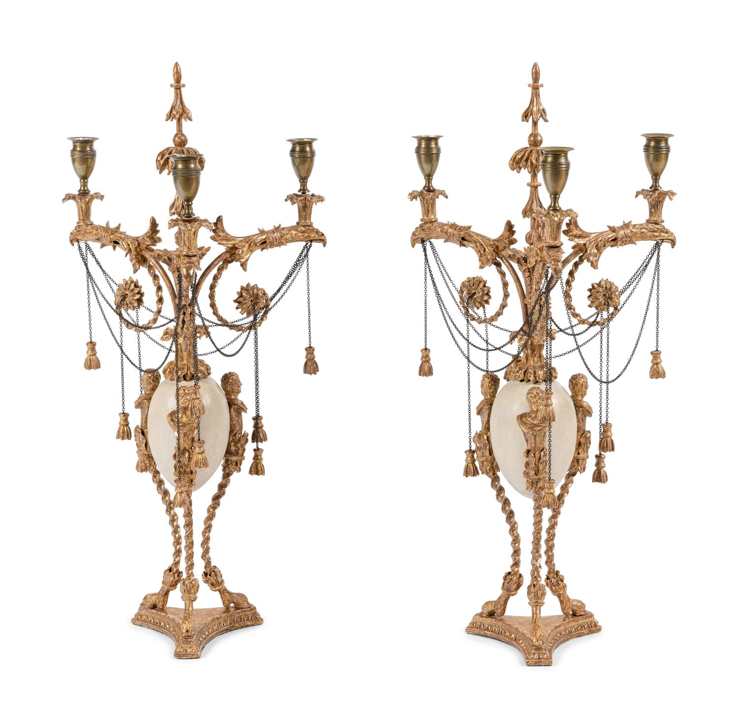 A Pair of Late George III 'Ostrich Egg' and Giltwood Three-Light Candelabra