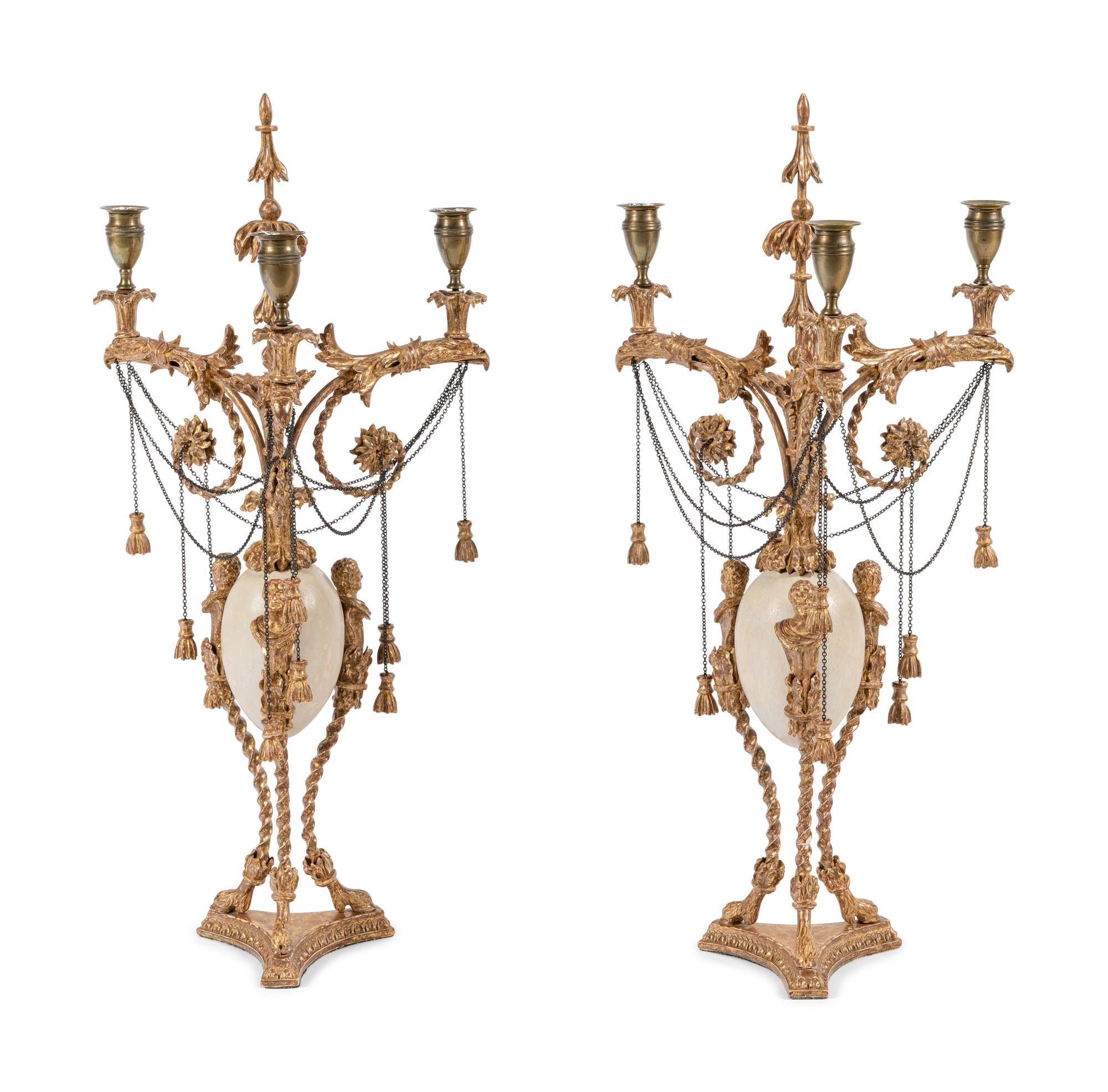 A Pair of Late George III 'Ostrich Egg' and Giltwood Three-Light Candelabra