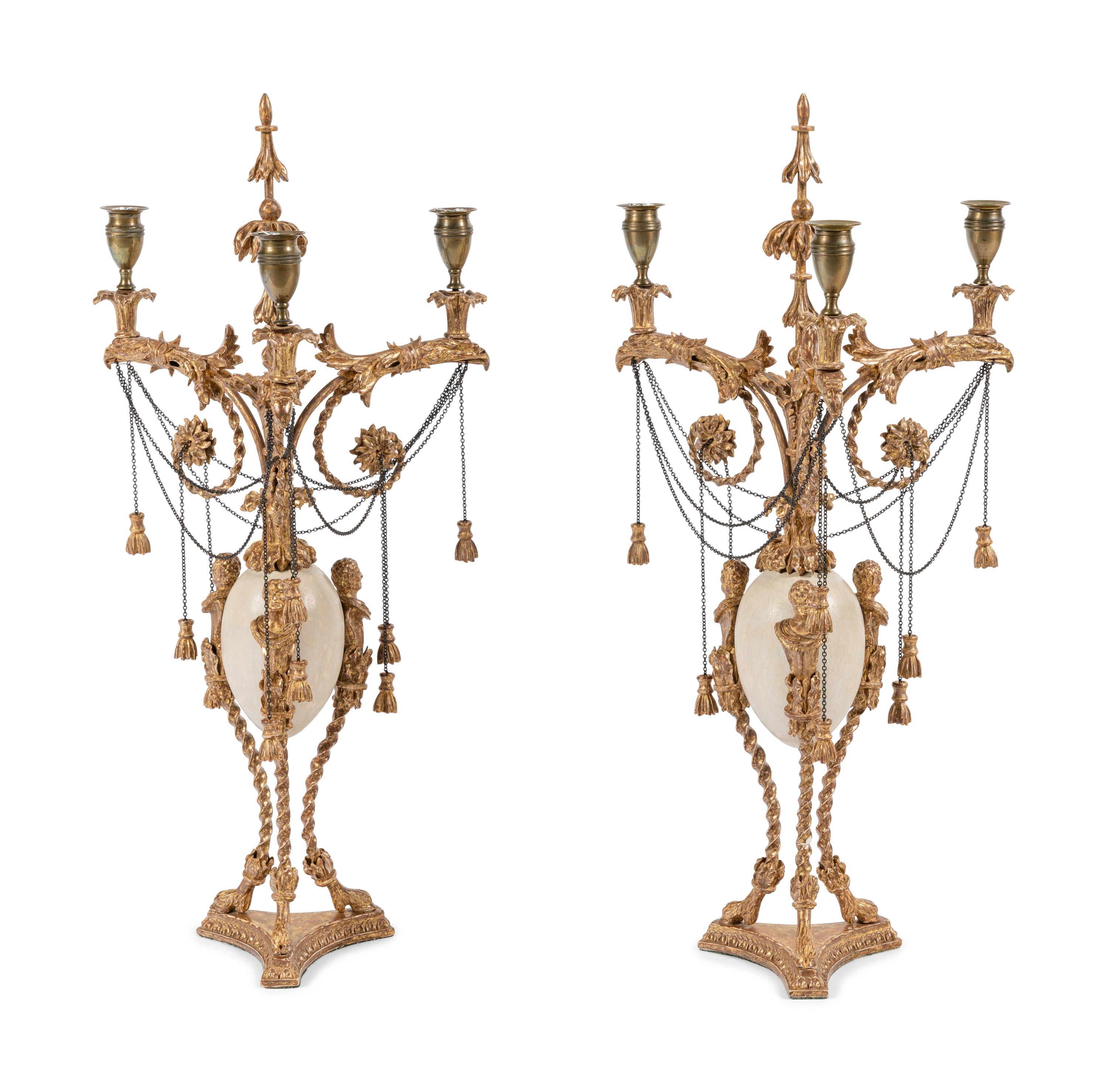 A Pair of Late George III 'Ostrich Egg' and Giltwood Three-Light Candelabra